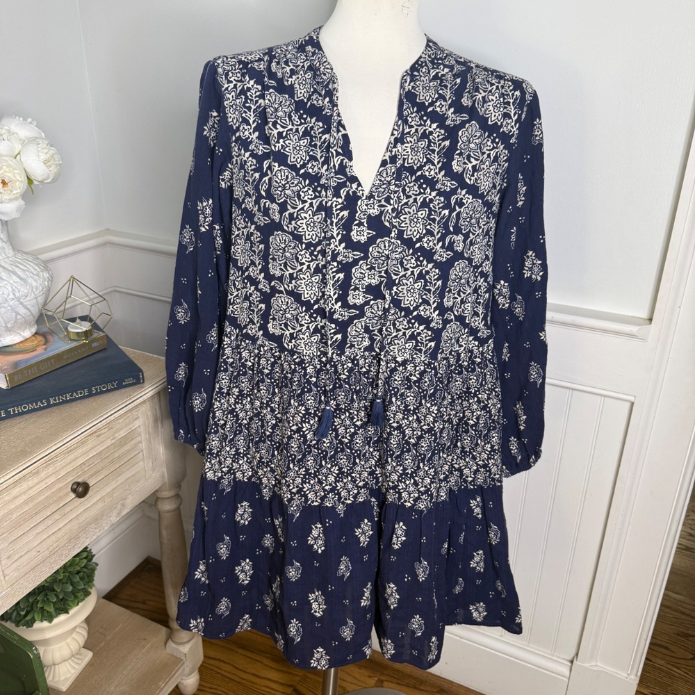 Maeve Anthropologie Navy Floral Tiered Mini Dress Tassel Split Neck XS